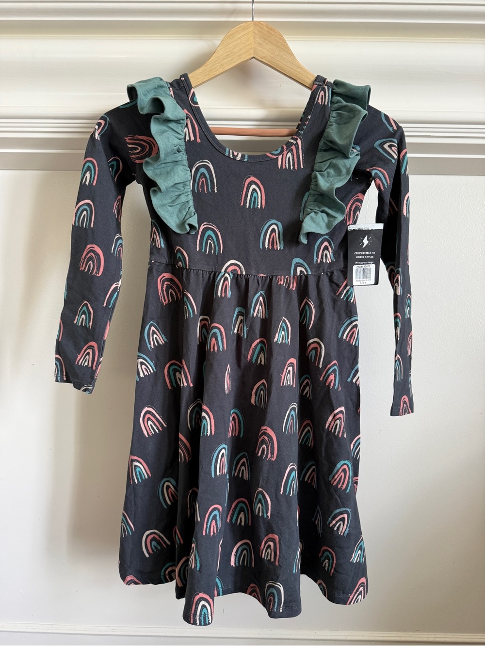 Rags to Raches Black Dress with Pink and Teal Rainbow Print